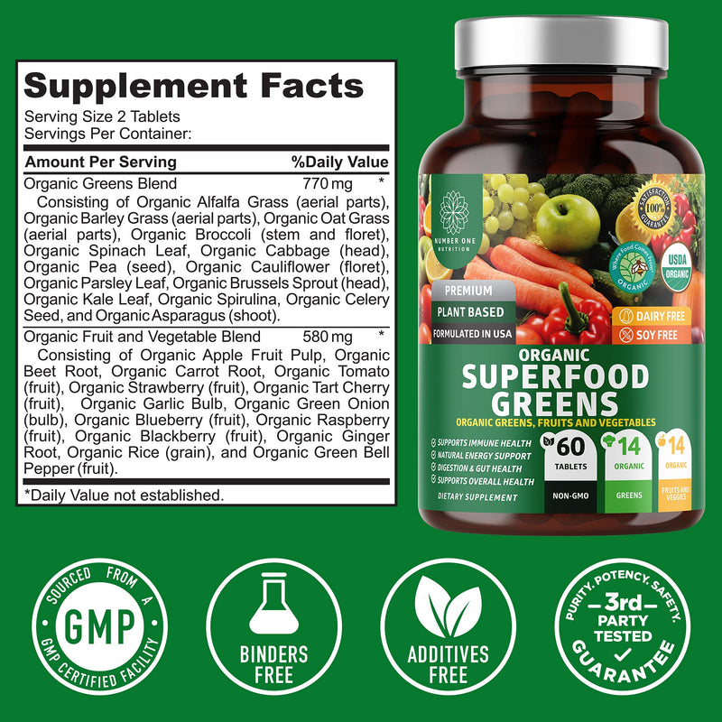 2-Pack N1N Premium Organic Green Superfood, Fruits & Veggies [28 Powerful Ingredients] Natural Supplement with Alfalfa, Beet Root & Tart Cherry for Energy, Immunity, Digestion, Made in USA, 120 Ct - NewNest Australia