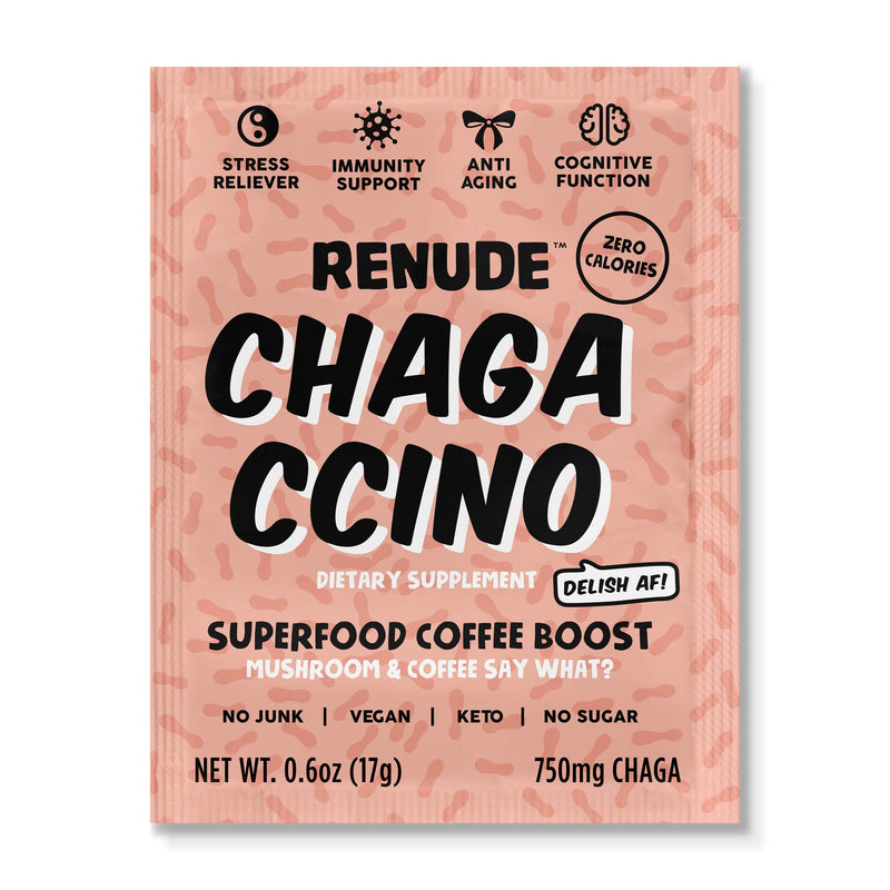 Chagaccino by Renude, Mushroom & Adaptogen Coffee Boost Powder with Wild Foraged Chaga, Cacao, Ceylon Cinnamon & Monk Fruit, Immune Support, Beauty & Brains, Vegan & Keto, 0 Calories, 10 Count of 17g - NewNest Australia