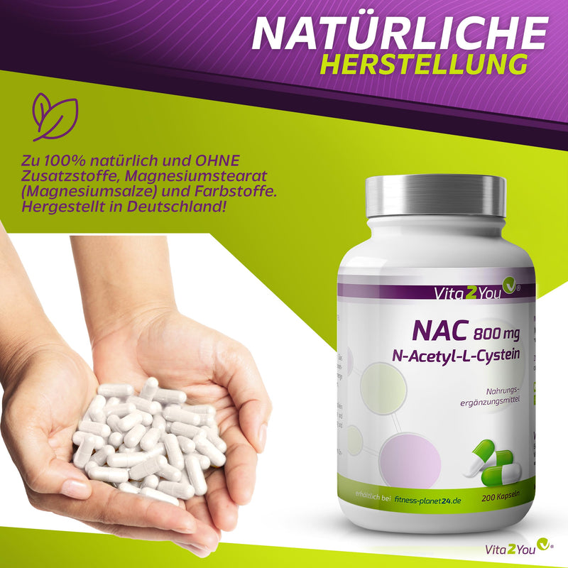 Vita2You NAC 800mg - 200 capsules - N-Acetyl L-Cysteine - without additives - high dosage - amino acid - premium quality - NewNest Australia