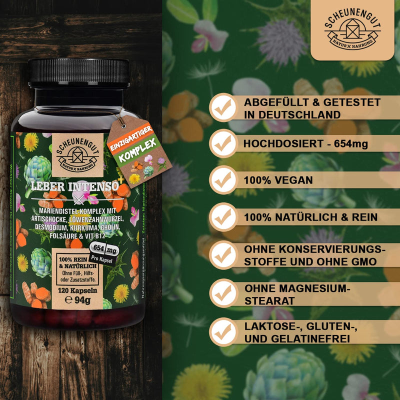 Liver Intenso+ Liver Capsules High Dose - Important: Laboratory Tested With Choline, Milk Thistle, Artichoke, Dandelion & Desmodium Plus 80% Silymarin And 5% Cynarin I 120 Capsules I From De I Scheunengut - NewNest Australia