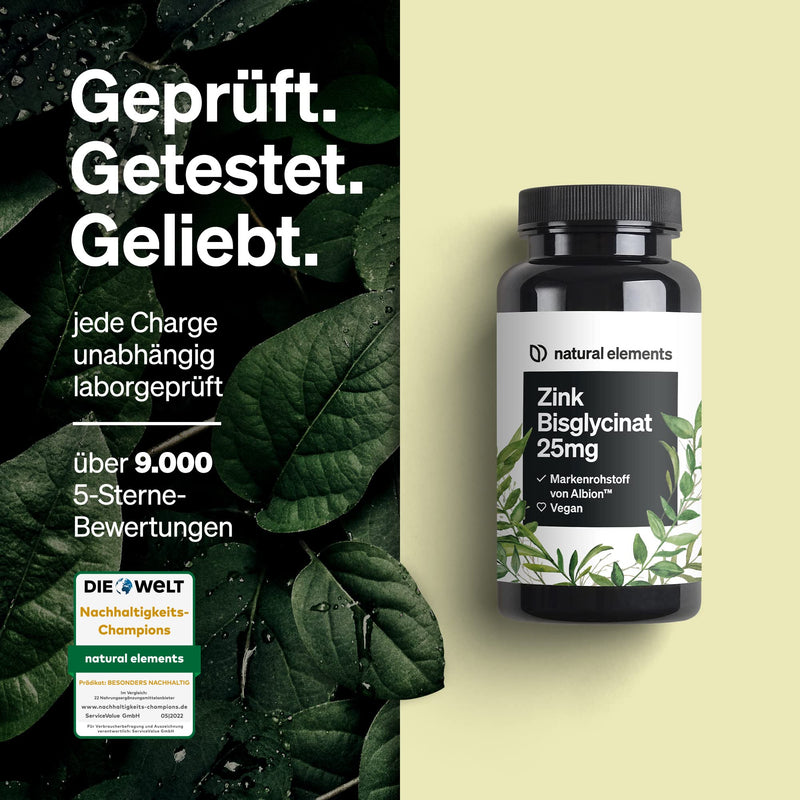 Zinc 25mg - 365 Tablets - Premium: Albion® Zinc Bisglycinate (Zinc Chelate) - Value for Money Winner 2018/2019* - Laboratory tested, high dosage and made in Germany - NewNest Australia