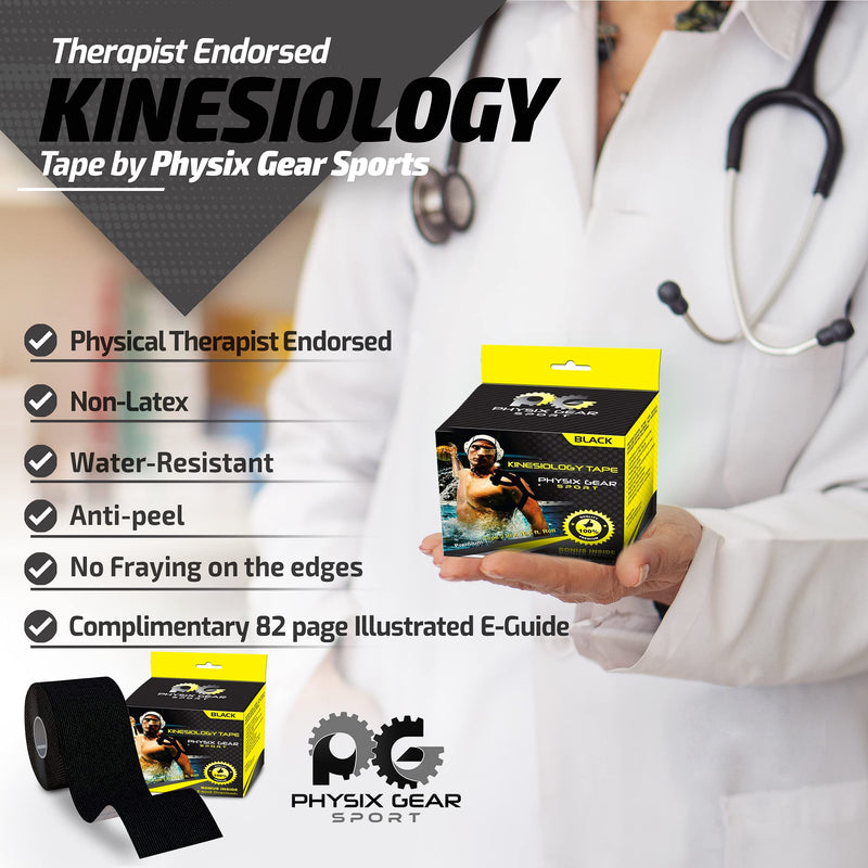 Physix Gear Kinesiology Tape Pro - Waterproof Physio Sports Tape for Pain & Injuries, Pregnancy, Muscle, Knee, Joint Support, Swelling, Strain Relief, Enhanced Blood Circulation (with E-Guide) Black (2 Pack + eGuide) - NewNest Australia