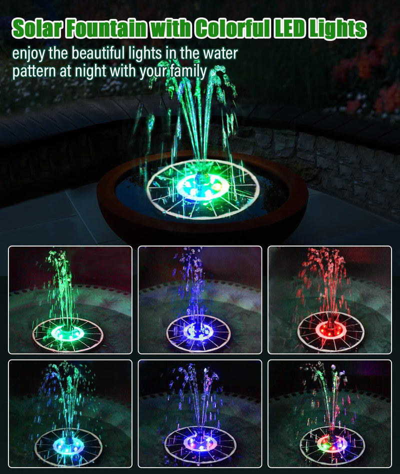SZMP Solar Fountain Upgraded 100% Glass Panel, 3.5W Solar Powered Fountain Pump with 7 Nozzle & 4 Fixer, Solar Bird Bath Fountain with Battery for Garden, Pond, Pool, Fish Tank, Outdoor (Colorful) Colorful Led Lights - NewNest Australia