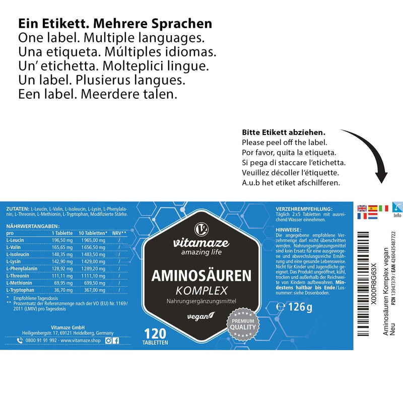 Amino acid complex, high dosage & vegan, 120 tablets with 8 essential amino acids EAA (including tryptophan, lysine, leucine, tyrosine), nutritional supplement without additives, Made in Germany - NewNest Australia