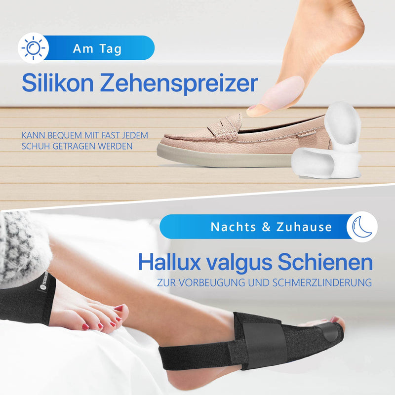 Sports Laboratory Hallux Valgus Correction Set For Day And Night - 2 X Hallux Valgus Splints, 2 X Toe Separators And 1 X Guide - Pain Relief And Protection - Adjustable Fit (Black) - NewNest Australia