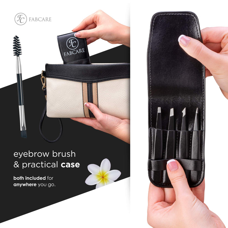 Fabcare Tweezers For Plucking Eyebrows (Slanted) Incl. Case - Improved Tip - Professional Eyebrow Tweezers With Anti-Slip Coating - Plucking Tweezers For Hair Removal - Tip Tweezers (Set) Ensemble De 5 Pi√®Ces - NewNest Australia