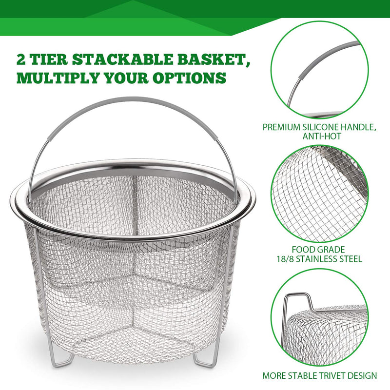 Aozita Steamer Basket for Instant Pot Accessories 6 qt or 8 quart - 2 Tier Stackable 18/8 Stainless Steel Mesh Strainer Basket - Silicone Handle - Vegetable Steamer Insert, Egg Basket, Pasta Strainer - NewNest Australia