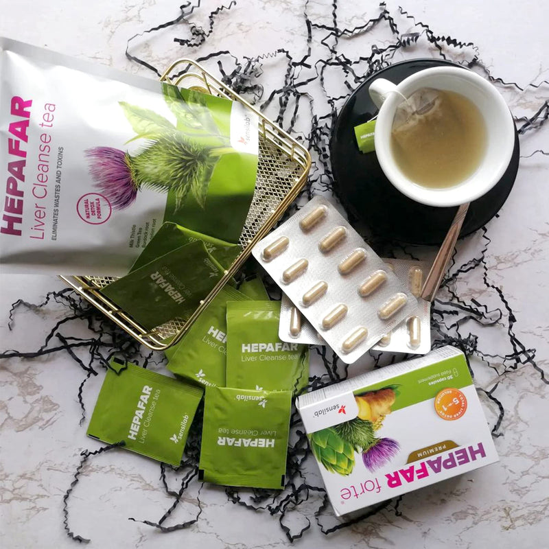Hepafar liver detox package - milk thistle, artichokes, green tea, dandelion complex - vitamin E, phospholipids - 60 capsules, 40 tea bags for 30 days - Innovative patented detoxification - Sensilab Hepafar liver detox package - NewNest Australia