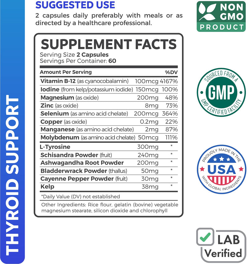 Thyroid Support with Iodine - 120 Capsules (Non-GMO) Improve Your Energy & Increase Metabolism - Ashwagandha Root, Zinc, Selenium, Vitamin B12 Complex - Thyroid Health Supplement - 60 Day Supply - NewNest Australia