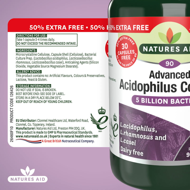 Natures Aid Acidophilus Complex, 5 Billion Bacteria, 90 Capsules (Lactobacillus Acidophilus, Lactobacillus Rhamnosus, Lactobacillus Casei, Good Bacteria, Shelf Stable, Vegan Society Approved) - NewNest Australia