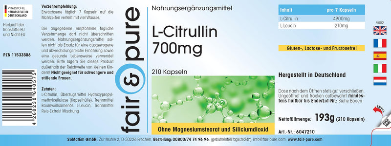 Fair & Pure® - L-citrulline capsules 700mg - vegan - amino acid - without magnesium stearate - 210 capsules - NewNest Australia