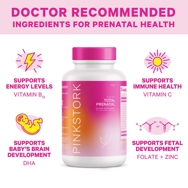Pink Stork Total Prenatal Vitamin with DHA and Folic Acid: Doctor Formulated, Fertility Supplements for Women, Folate, Iron, Biotin, Vitamin D, Vitamin C + Zinc, Women-Owned, 60 Vegetarian Capsules 60 Count (Pack of 1) - NewNest Australia