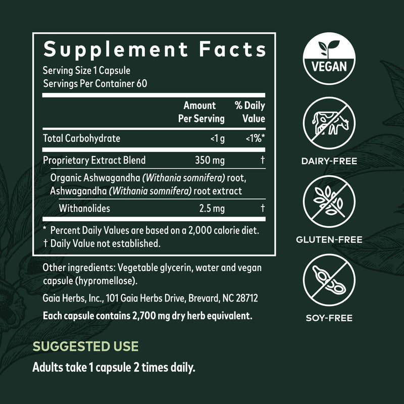 Gaia Herbs Ashwagandha Root, for Stress Relief, Immune Support, Balanced Energy Levels and Mood Support, Vegan Liquid Capsules, 60 Count Standard Packaging - NewNest Australia