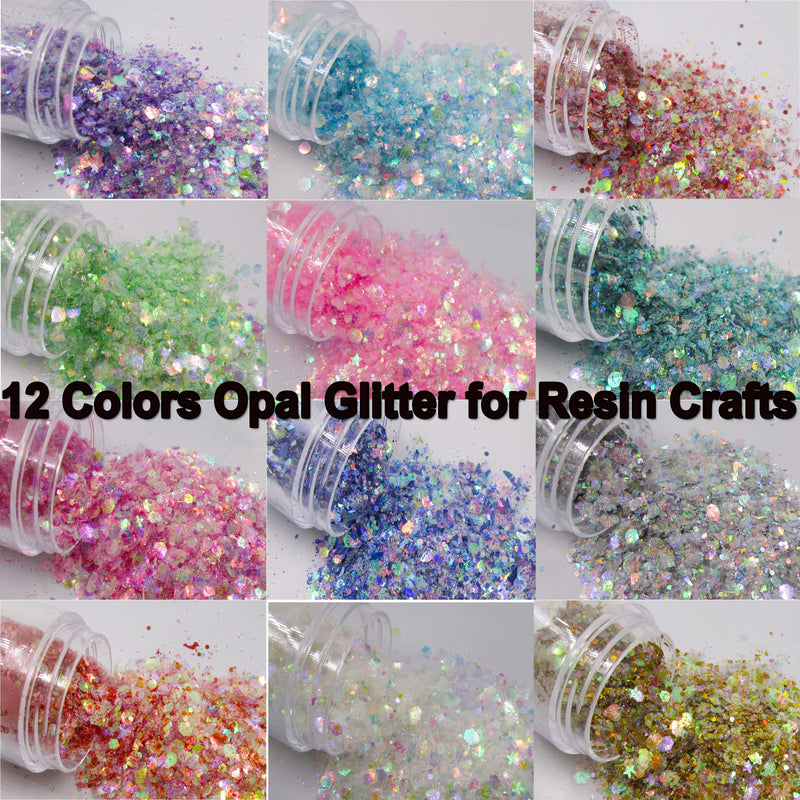 12 Bottle Opal Mermaid Chunky Glitter Iridescent Heart Star Hexagon Aurora Body Nails Glitters Resin Epoxy Accessories Crafts Supplies for Nails Art Tips Resin Mold Makeup Fairy Opal - NewNest Australia