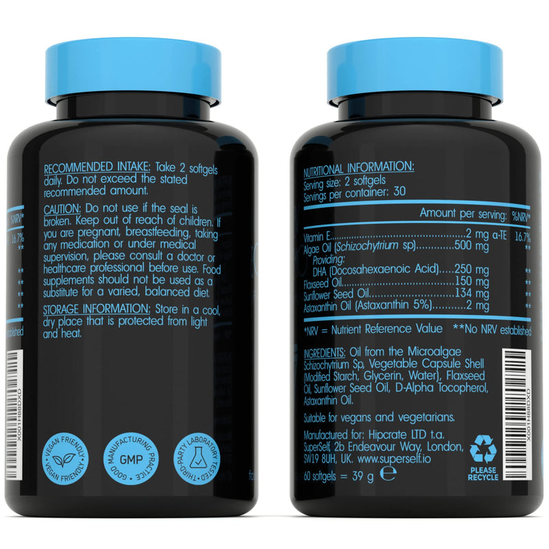 Vegan Omega 3 Capsules - Algae Oil 500mg - High Strength DHA 250mg with Astaxanthin, Flaxseed Oil & Vitamin E - 60 Easy to Swallow Softgel Tablets - Sustainable Vegetarian Supplement - NewNest Australia