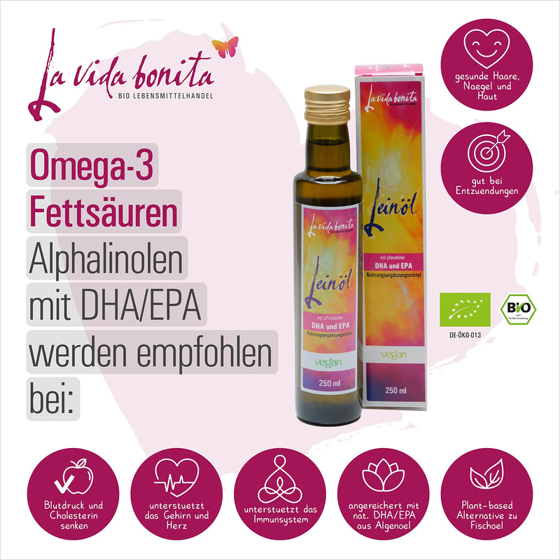 250 ml fresh linseed oil with vegetable DHA and EPA I 100% fresh from 1st pressing in Germany I Rich in omega-3 fatty acids I vegan, raw food, lactose-free & gluten-free, sugar-free 250 ml (pack of 1) - NewNest Australia