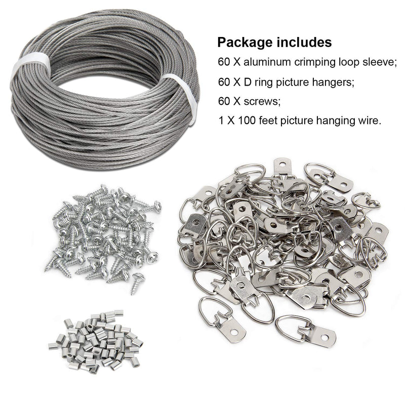 Picture Hanging Kit - 100 Feet Stainless Steel Hanging Wire, 60 Pcs D Ring Picture Hangers with Screws and 60 Pcs Aluminum Crimping Loop Sleeve for Hanging Paintings Photos - NewNest Australia