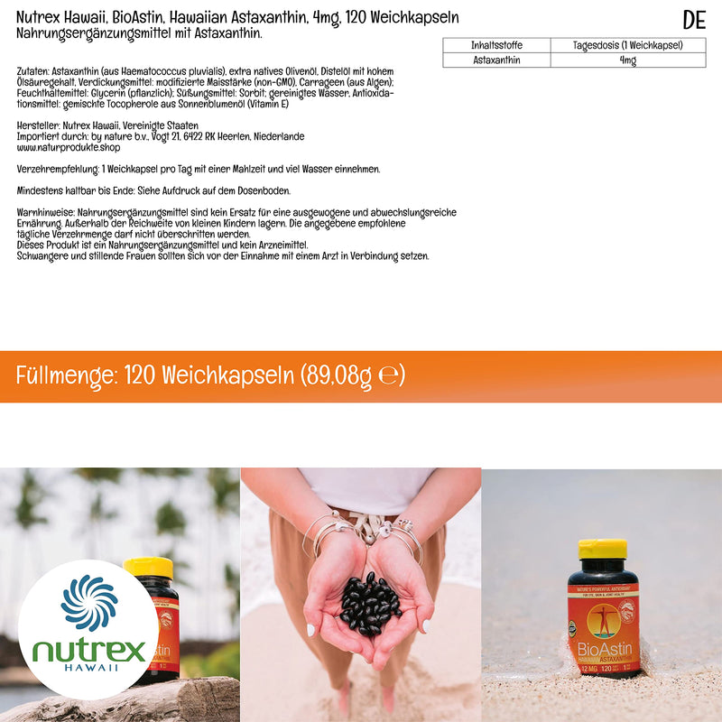 Nutrex Hawaii, BioAstin, Hawaiian Astaxanthin, 4mg, 120 soft capsules, laboratory tested, vitamin E, gluten-free, soy-free, non-GMO - NewNest Australia