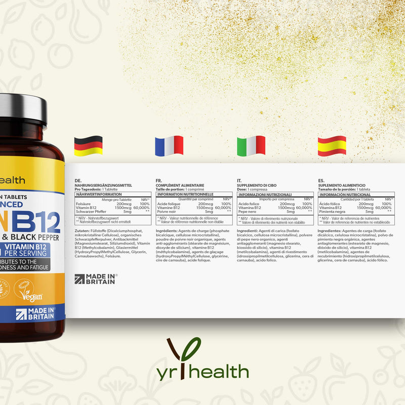 Vegan Vitamin B12 Tablets 1500mcg Methylcobalamin High Strength with Added Folic Acid & Black Pepper - 180 Tablets (6 Month Supply) - Reduction of Tiredness & Fatigue - Made in The UK by YrHealth - NewNest Australia