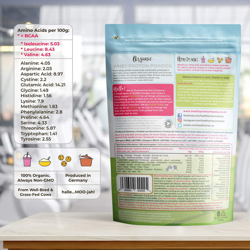 TheHealthyTree Company Organic Whey Protein Powder (600g) - Unflavoured and High in BCAAs with Free 15g Scoop - 80% Pure Whey Protein from Grass Fed Cows 600 g (Pack of 1) - NewNest Australia