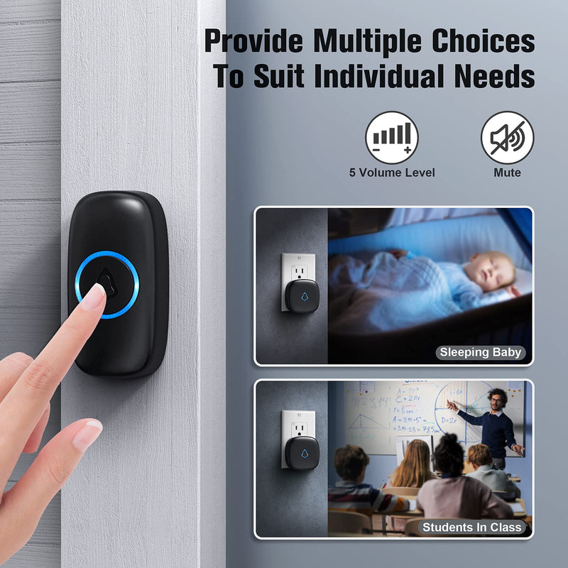 SECRUI Wireless Doorbell with 2 Buttons, Waterproof Mini Doorbell 1,000ft Range 110dB Mute Mode 58 Door Chimes & Colorful LED Flashing - Black - NewNest Australia