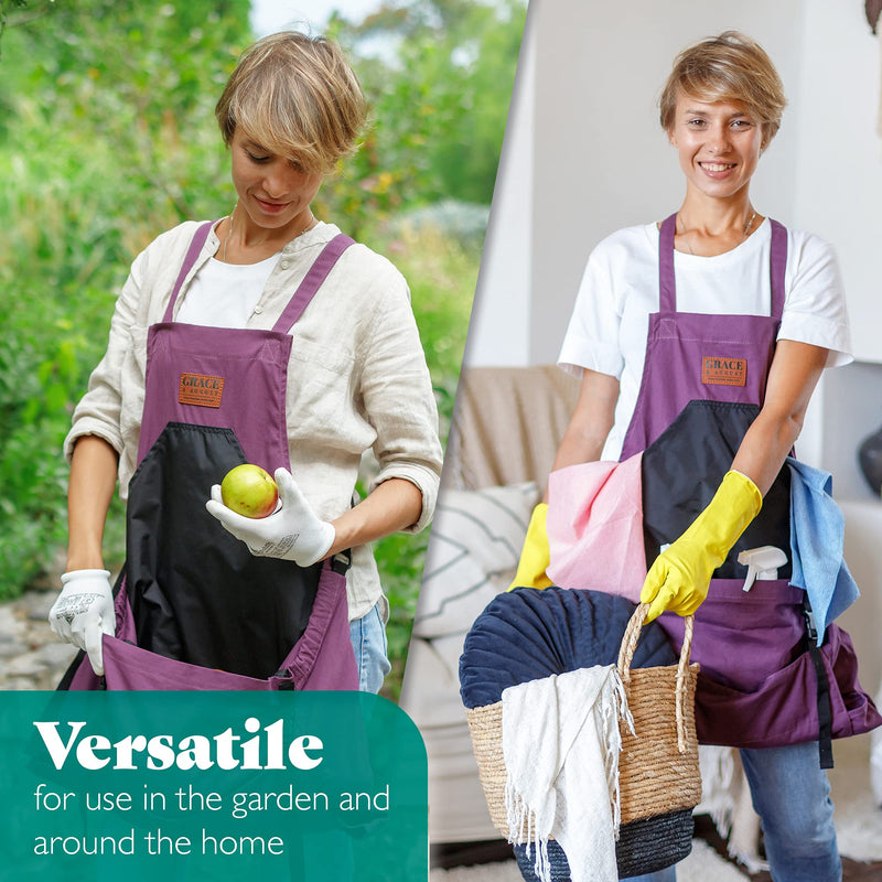 Gardening Apron with Pockets for woman & men -Canvas Deep Kangaroo release Pouch -For Harvesting-Work or Cleaning apron Aubergine - NewNest Australia