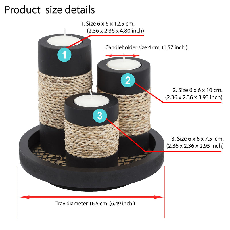 NewNest Australia - IYARA CRAFT Tealight Candle Holders with Candle Tray Set of 3 Decorative Candle Holders Matte Wood Finish with Small Rope Decoration 