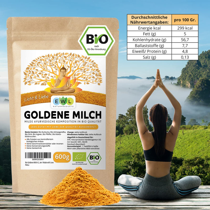 Ewl Natural Products Organic Golden Milk 600G, Golden Milk With Turmeric, Ginger, Ashwaganda, Ceylon Cinnamon, Ceylon Pepper, Coconut Blossom Sugar 600G (Pack Of 1) - NewNest Australia