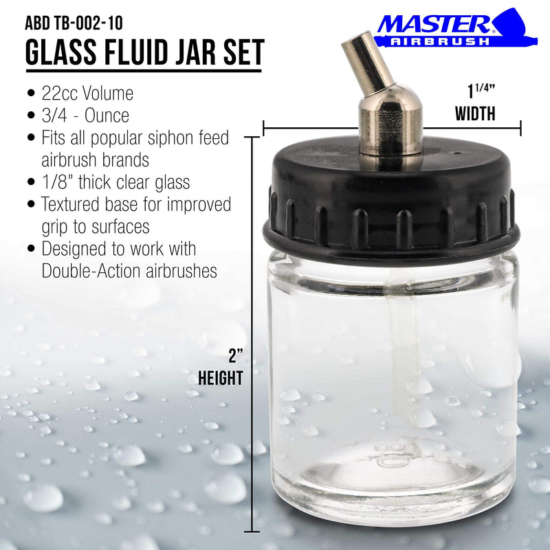 Master Airbrush (Pack of 10) TB-002 Empty 3/4 Ounce (22cc) Glass Jar Bottles with 30° Down Angle Adaptor Lid Assembly - Fits Dual-Action Siphon Feed Airbrushes, Use with Master, Badger, Paasche, Iwata - NewNest Australia