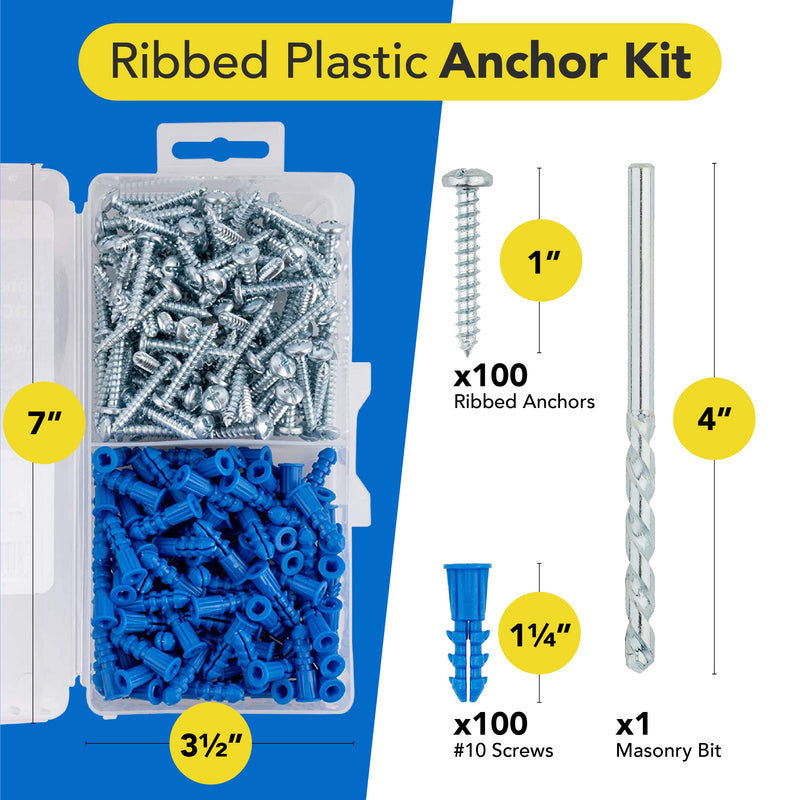 Ribbed Plastic Drywall Anchor Kit with Screws and Masonry Drill Bit, 10-12 x 1" - NewNest Australia