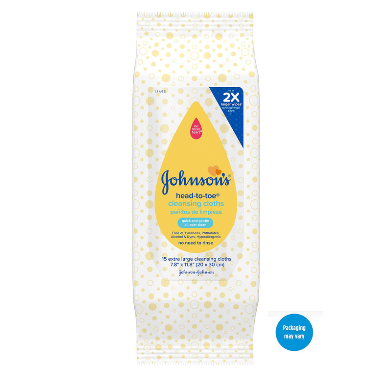 Johnson's Head-to-Toe Gentle Baby Cleansing Cloths, Hypoallergenic and Pre-Moistened Baby Bath Wipes, Free of Parabens, Phthalates, Alcohol, Dyes and Soap, 15 ct Pack of 1 15 Count (Pack of 1) - NewNest Australia