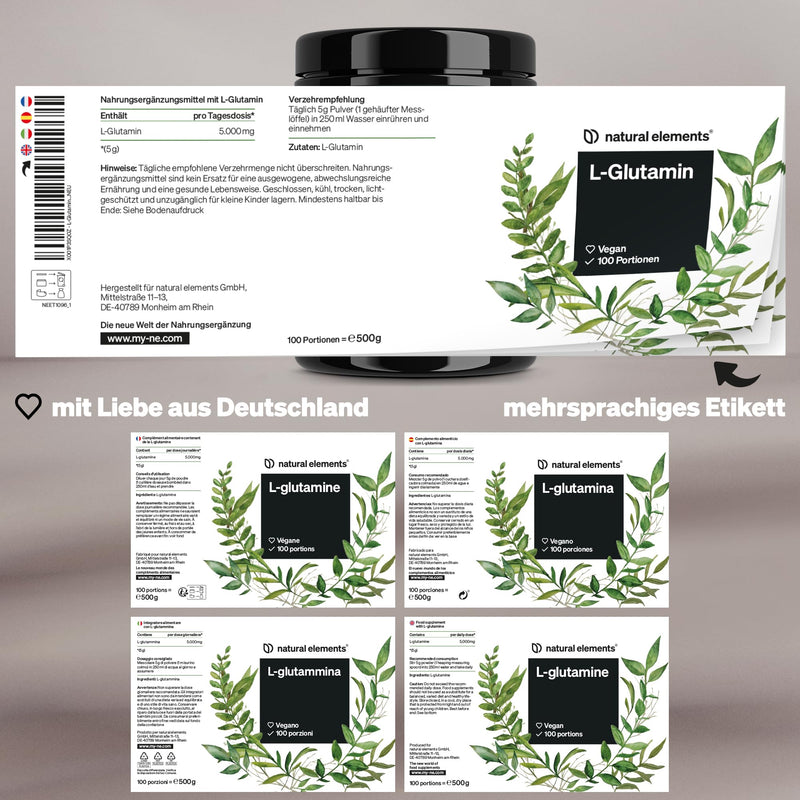 natural elements L-Glutamine powder - 500g - pure L-Glutamine - neutral in taste - vegan, high dosage, without additives - produced in Germany & laboratory tested - NewNest Australia