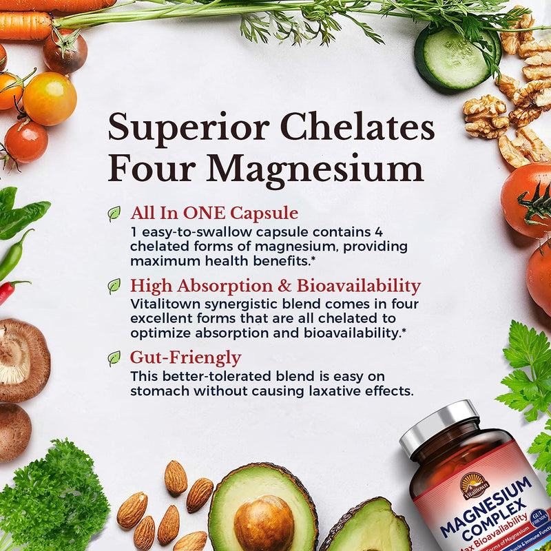 Vitalitown Magnesium Complex, Magnesium Glycinate, Malate, Taurate & Citrate, Chelated Forms, High Absorption, Bone, Heart, Muscle, Immune, Brain, Heart, Energy, Sleep & Digestion, Non-GMO - NewNest Australia