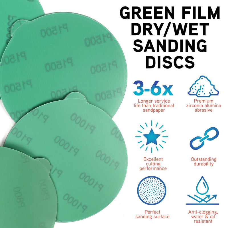 LotFancy 6 Inch PSA Sanding Discs with Tabs, 60PCS 400 600 800 1000 1500 2000 Grit Wet Dry Green Film Backed Sandpaper Assortment, Random Orbital Sander Fine Grit Sand Paper 400-2000 Grit, 60PCS - NewNest Australia