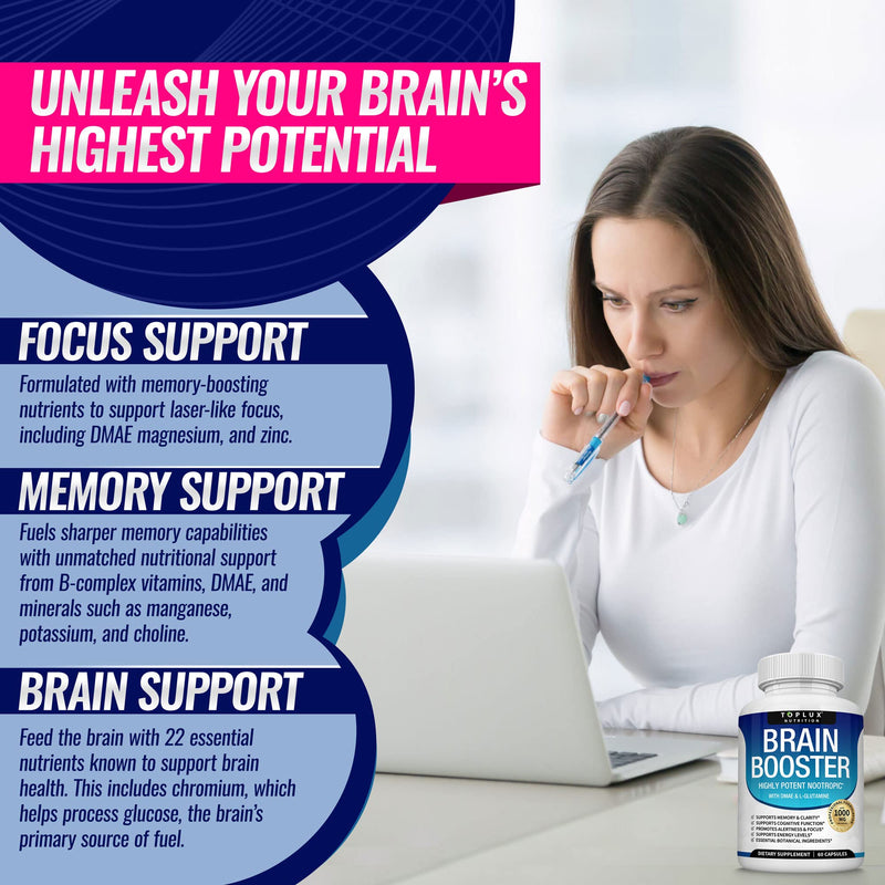 Brain Supplement Nootropic Booster – Brain Pills Vitamin for Focus, Memory, Clarity, Energy & Better Concentration, with DMAE, Bacopa Monnieri, L-Gutamine, For Men Women, 60 Capsules, Toplux Nutrition One - NewNest Australia