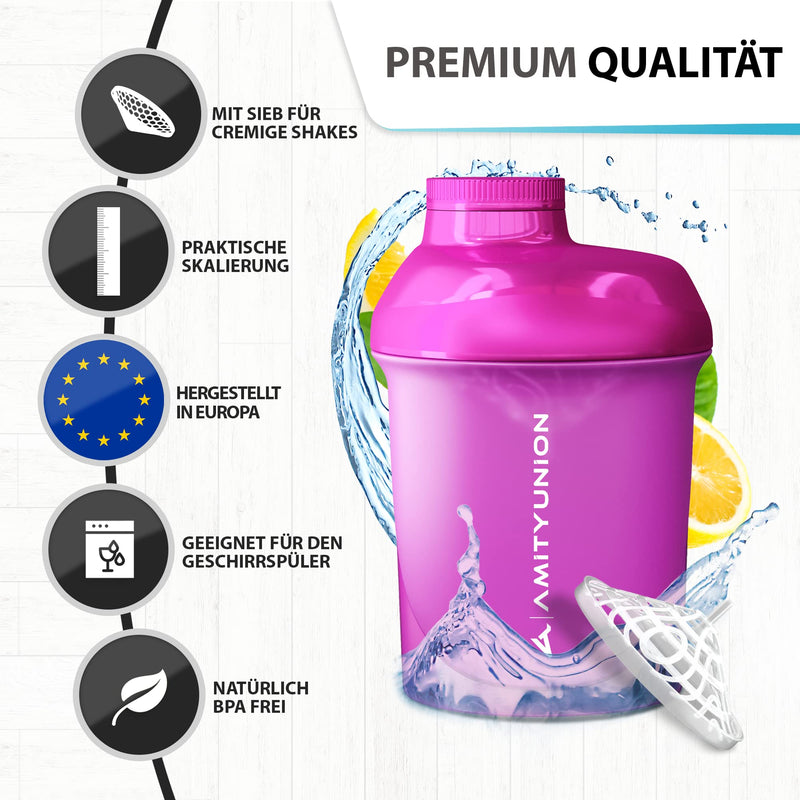 Women's protein shaker 400 ml Pink Deluxe - ORIGINAL AMITYUNION - protein shaker leak-proof - BPA free with sieve, scale for creamy whey shakes, gym fitness cup for isolates and sports concentrates - NewNest Australia
