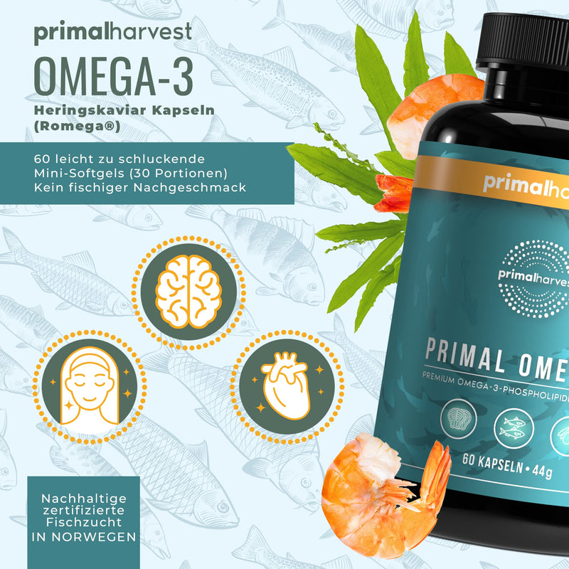 Primal Harvest ® Omega 3 Fish Oil (30 servings) - 60 Omega 3 capsules in easy-to-swallow softgel form - 470mg EPA & DHA from sustainably caught Norwegian fish original - NewNest Australia
