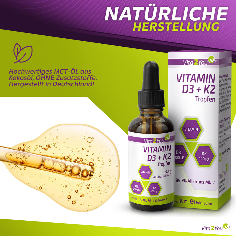 Vita2You Vitamin D3 + K2 drops - Vitamin D3 5000 IU - Vitamin K2 100µg per drop - K2VITAL - MK-7 - 99.7% All-Trans - MCT oil - Premium quality - Made in Germany - NewNest Australia