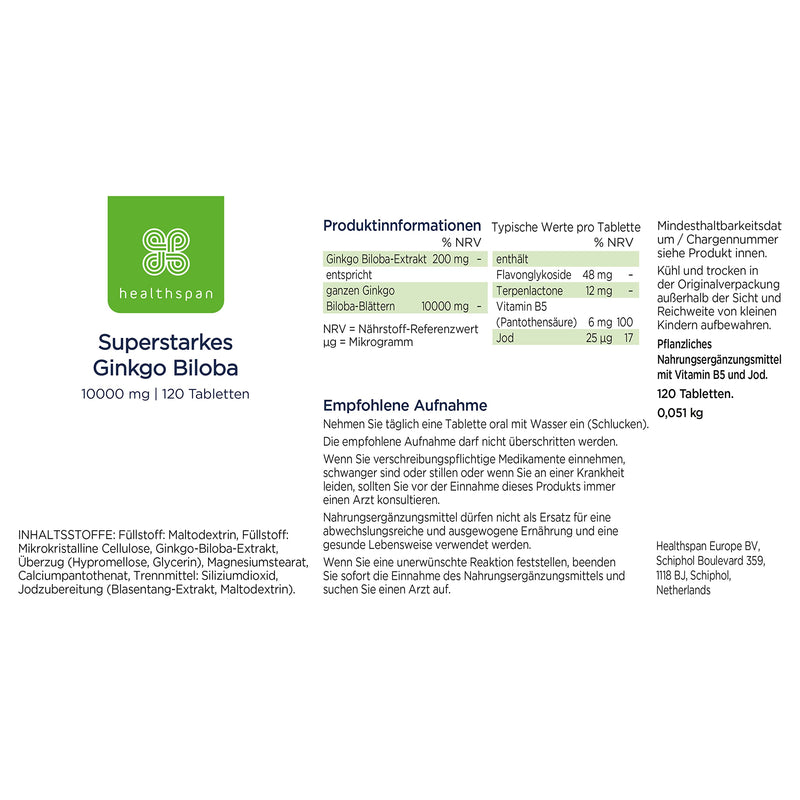 Healthspan Ginkgo Biloba 10,000 Mg | 120 Tablets | Iodine And Vitamin B5 | Reduces Fatigue | Strengthens Cognitive Function & Mental Performance | Rich Source Of Flavone Glycosides | Vegan - NewNest Australia