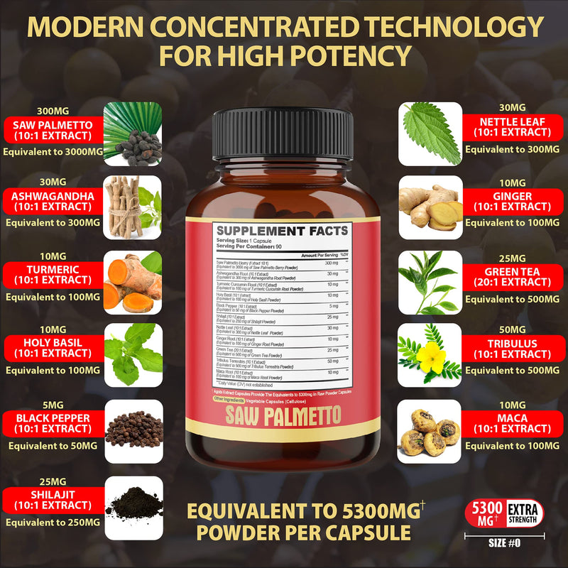 Premium Saw Palmetto Capsules - Equivalent To 5300mg Combined With Ashwagandha, Turmeric, Tribulus, Maca, Green Tea, Ginger, Holy Basil & More - Natural Prostate Support - 90 Caps 3-Month Supply - NewNest Australia
