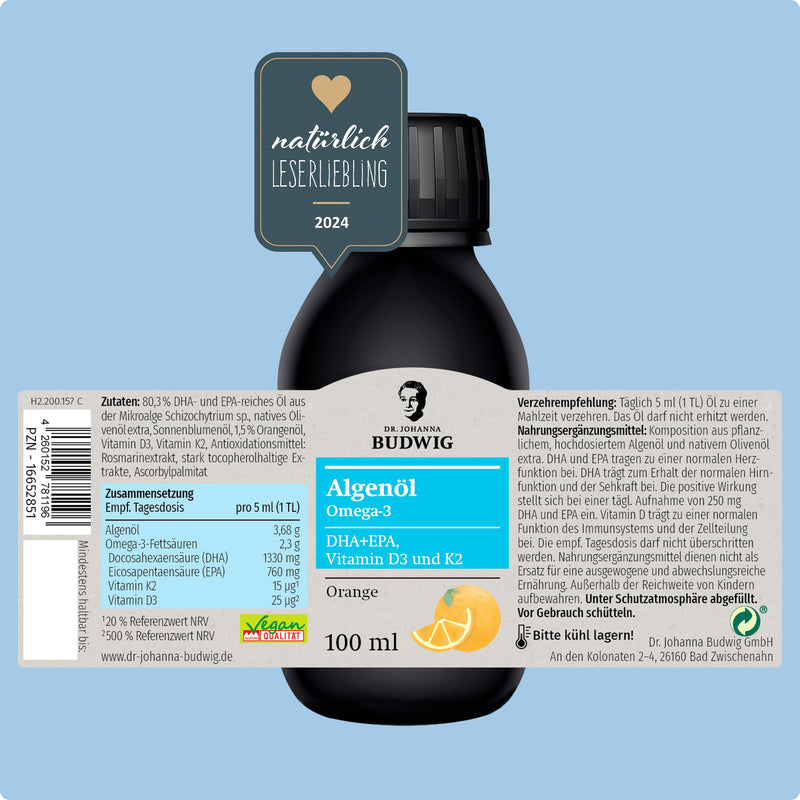 Dr. Budwig Omega 3 Algae Oil Orange (100 ml) high dosage, rich in DHA, EPA, vitamin D3 and K2, with a fruity orange flavor, vegan and vegetarian - NewNest Australia