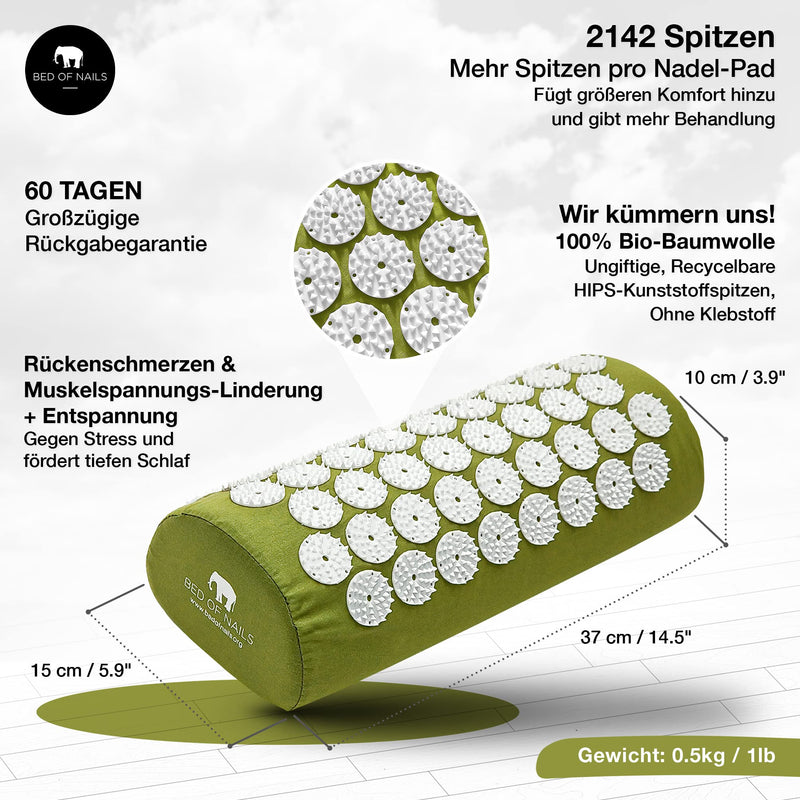 Bed Of Nails Original Acupressure Pillow - 2142 Pressure Points - Acupuncture Neck Pillow - Neck Pain Back Pain Stress Relief - Carry Bag - Size 38 X 15 X 10 Cm - Green - NewNest Australia