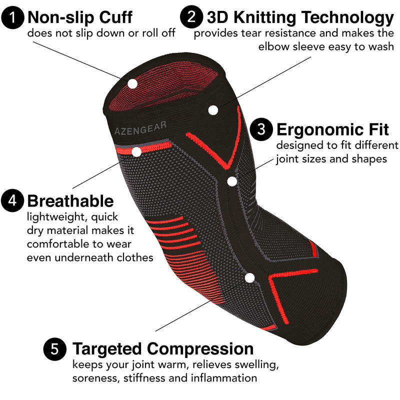 aZengear Elbow Support Brace (Pair) Compression Sleeve - Instant Joint Pain Relief for Tendonitis, Arthritis, Golf, Tennis, Workouts, Fitness, Weightlifting, Recovery (Black w/Red, XL) Black W/Red (Pair) - NewNest Australia