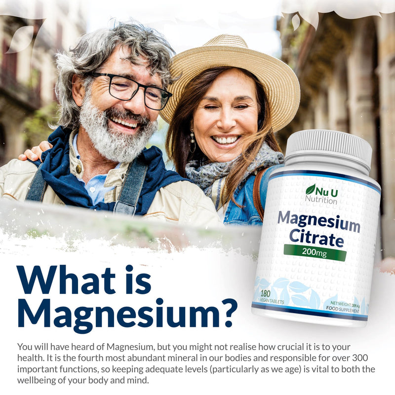 Magnesium Citrate 200mg - 180 Magnesium Tablets - 200mg per Tablets - 6 Month Supply - High Dose - Nu U Nutrition - NewNest Australia