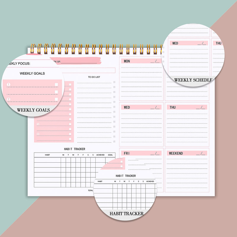 Weekly Planner - Top Spiral Notebook, 52 Undated Weekly Planner with Weekly Goals, To Do List, Habit tracker,Weekly & Daily Organizer, 9.5 x 7.8 inches (Pink) Weekly Planner - PINK - NewNest Australia