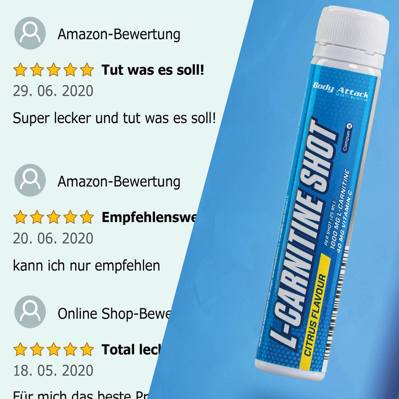 Body Attack L-Carnitine Shot Citrus, 20 X 25 Ml, Made In Germany, 25 Ml/One Serving, 1000 Mg L-Carnitine, 100% Pure & Vegan, High-Quality Carnipure, 40 Mg Vitamin C - NewNest Australia