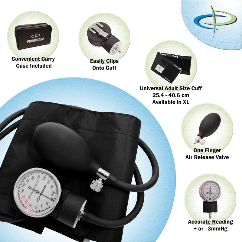 Primacare DS-9192 Classic Series Adult Size Professional Blood Pressure Kit with Aneroid Sphygmomanometer, Latex-Free Inflation System BP KIT with Nylon Cuff and stethoscope, Black - NewNest Australia