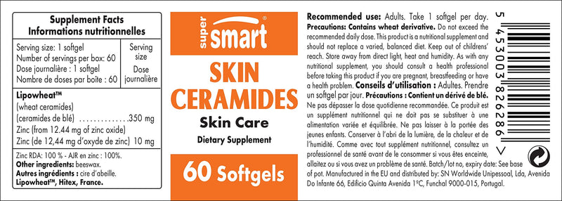 Supersmart - Skin Ceramide - With Zinc - Powerful skin moisture, protection and care additive | Non GMO & Gluten Free - 60 Softgels - NewNest Australia