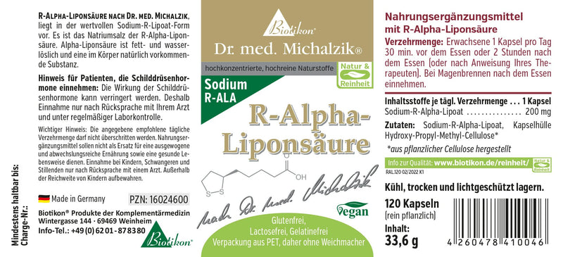 R-Alpha Lipoic Acid According To Dr. Med. Michalzik, Important Endogenous Substance, 200 Mg Pure R-Alpha Lipoic Acid Per Capsule, Without Additives, 120 Vegan Capsules - NewNest Australia