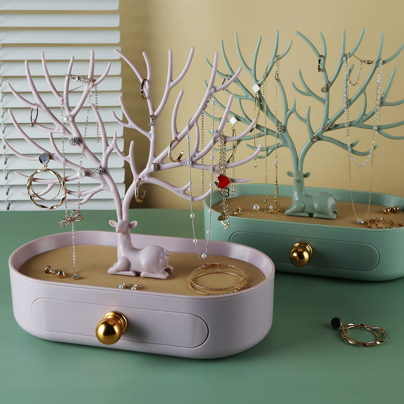 Jewelry Display Stand with Aluminium alloy handle, Tree Tower Rack Hanging Organizer for Ring Earrings Necklace Bracelet, Deer Horn Tree Stand with Storage Drawer and Tray LIGNT PINK - NewNest Australia